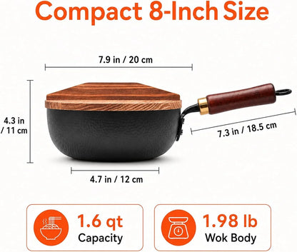 8-Inch Carbon Steel Wok with Lid, Flat Bottom, Gas and Induction | Hammered Carbon Steel, 1.6 Qt Capacity, Removable Beechwood Handle, Uncoated, for Noodles, Eggs, Sauces and 1-2 Servings2