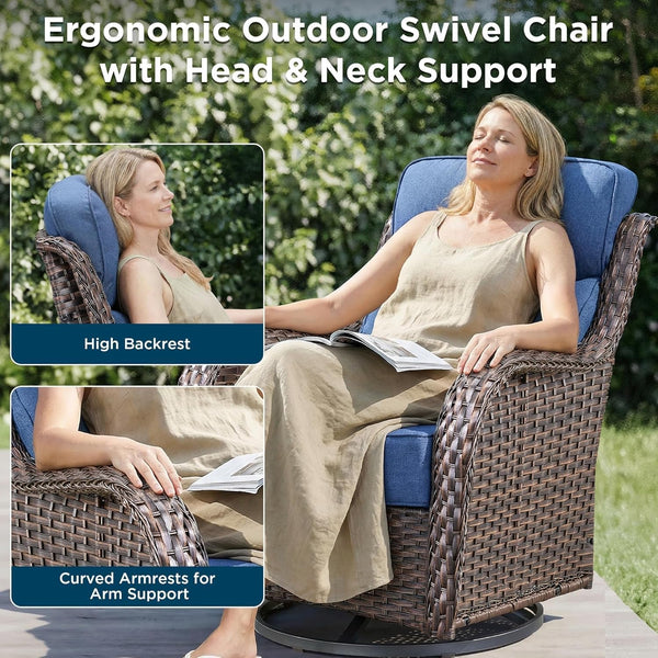Luxury Patio Furniture Set with Fire Pit Table-4 Pieces High Back Wicker Swivel Rocker Chairs with 6" Extra Thick Cushions, Outdoor Patio Conversation Sets for Garden Deck(Brown/Blue)6