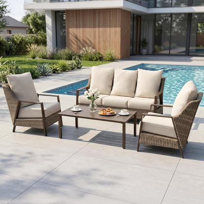 4 Piece Outdoor Patio Furniture Set, All Weather Wicker Conversation Set with 6" Thick Cushions, High Back Deep Seating Sofa & Armchairs, Outdoor Couch Set with Coffee Table for Backyard, Balcony8