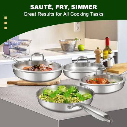 12 Inch Tri-Ply Stainless Steel Frying Pan, Compatible with All Cooktops up to 600℉, Large Frying Pan with Lids, Induction-Ready Skillet, Dishwasher and Oven Safe, Even Heat, 12" Skillet + Lid2