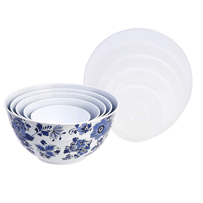 Mixing Bowls with Lids, Nesting Melamine Serving Bowls, Non-Slip Base, BPA Free, Dishwasher Safe, 5 Sizes, Blue and White Floral, Set of 102
