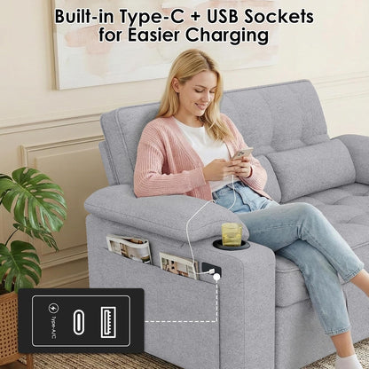 58'' Convertible Sofa Bed with USB Charger and Cup Holders, Teddy Fabric Loveseat Pull Out Couch with Adjustable Backrest and Side Pocket for Small Space(Grey)4