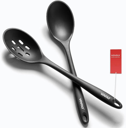 Silicone Spoons for Cooking - Extra Large Solid & Slotted Set, Black1