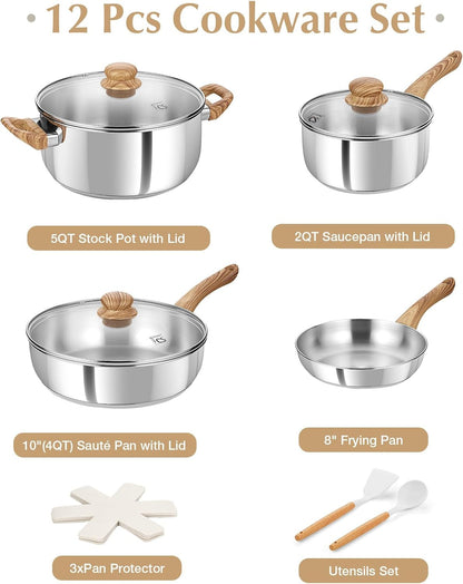 Stainless Steel Pots and Pans Set, Professional 18/10 Cookware Set Pots and Pans Set 12PCS with Cool-Touch Bakelite Handles, Tri-Ply Base Kitchen Cookware Sets, Induction Compatible3