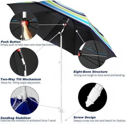 8FT Large Beach Umbrella with Wind Resistance Sand Anchor Sand Bag, Portable Outdoor Umbrella with UPF50+ UV Protection, Tilt Sun Shelter for Beach, Patio, Yard5