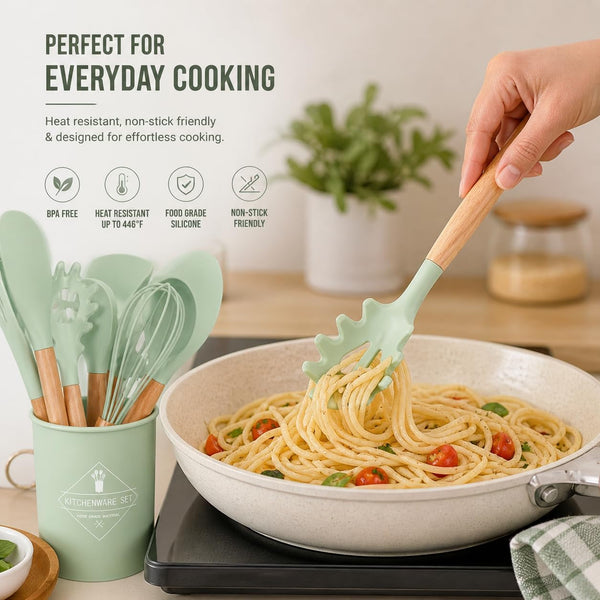 Caboh Silicone Kitchen Utensil Set 12 PCS – Heat Resistant Cooking Tools with Spatula, Serving Spoon, Tongs, Whisk & Holder, Nonstick Safe Bpa-Free Kitchen Accessories Set (Light Green)5
