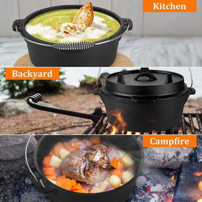 7QT Pre-Seasoned Dutch Oven Camping with Lid Lifter, 2-In-1 Pots | 2-IN-1 Cast Iron Camping Dutch Oven, Heat Conduction & Good Sealing & Heavy Duty7
