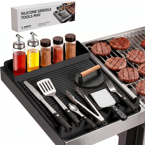 Silicone Grill Mat for Blackstone Griddles & Outdoor Grills - Heat Resistant (450°F) Countertop Protector, Non-Slip Tool Organizer & Grease Catcher, 16X11.5 Inch(Black)1
