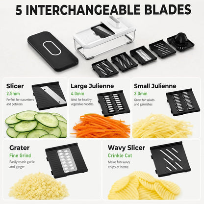 7-In-1 Mandoline Vegetable Slicer, Multi-Purpose Food Chopper & Grater with 5 Interchangeable Blades, Adjustable Julienne Cutter with Container & Safety Guard, Kitchen Gadget for Meal Prep3
