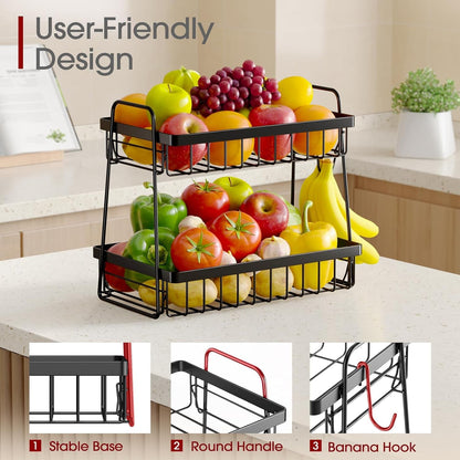 Fruit Basket for Kitchen Counter - 2-Tier Fruit Bowl with Removable Banana Hanger & Handles, Rustproof Fruit Holder for Kitchen, Living Room, Bathroom, 13.4"×8.7"×11.7", Black4