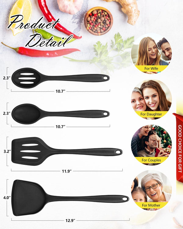 4 Pcs Silicone Kitchen Utensils Set, Wok Spatulas-Slotted Turner-Cooking Spoon-Slotted Spoon, Nonstick BPA Free High Heat Resistant Cooking Utensils for Frying, Mixing, Serving, Draining, Stirring3