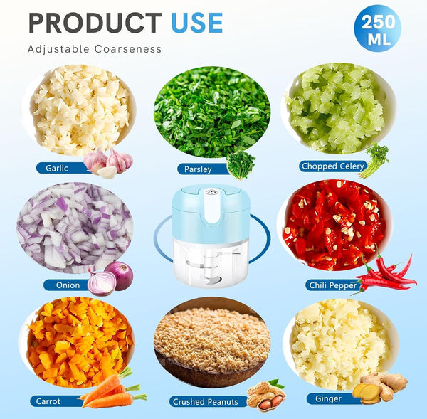 EASYSPEED Electric Garlic Chopper 1Cup, Mini USB Charging Wireless Food Processor with 304 Stainless Steel, 3 Sharp Blades, Portable Kitchen Meat Grinder for Onion, Garlic, Ginger, Chili,Blue6