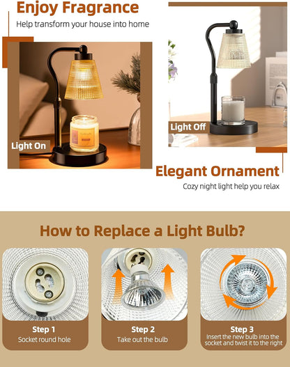 Candle Warmer Lamp for Jar Candles, Height Adjustable & Dimmable with 2/4/8H Timer, 2*50W Halogen Wax Melter Warmer for Home Office Décor, Flameless & Smokeless, Gift for Women Mom, Black-Amber/1 Pack7