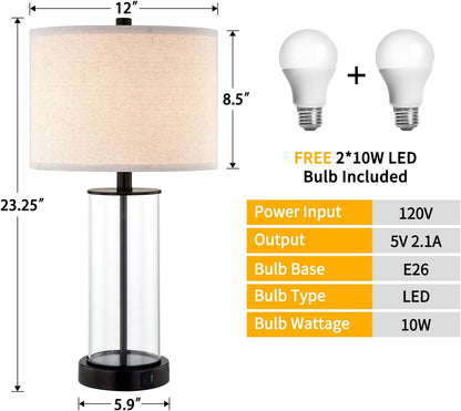 23'' Clear Glass Table Lamp Set of 2 Bedroom Lamps with USB Ports and AC Outlet Living Room Nightstand Lamp Bulbs Included6