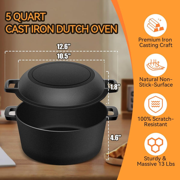 Cast Iron Dutch Oven for Bread Baking, 2-In-1 Pre-Seasoned Dutch Oven Pot | Banneton Bread Proofing Basket Sourdough Bread Baking Supplies, Dutch Oven Pot with Skillet Lid Cooking Pan Handles Lame, 5QT2