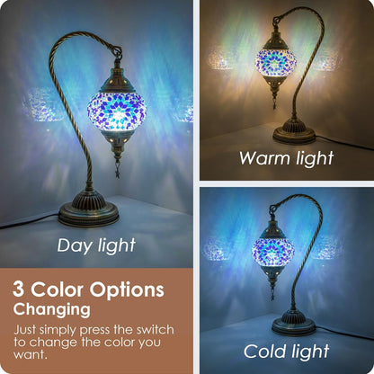 Turkish Moroccan Lamp with Bronze Base 3 Color Options Handmade Swan Neck Mosaic Glass Bedside Lamps for Bedroom (LED Bulb Included)(Blue2)2