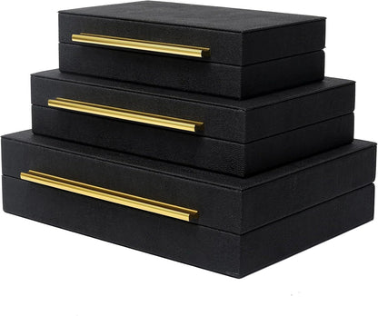 Faux Shagreen Decorative Stackable Jewelry Storage Boxes Set of 3,Black | Jewelry Organizers with Gold Metal Handles & Velvet Lining, Modern Black Box for Vanity, Entryway & Coffee Table Décor1