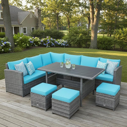 7 Pieces Patio Furniture Set, Outdoor Sectional Rattan Dining Sofa Set with Cushions, All Weather Wicker Conversation Couch Set with Dining Table & Ottomans for Yard Garden Poolside2
