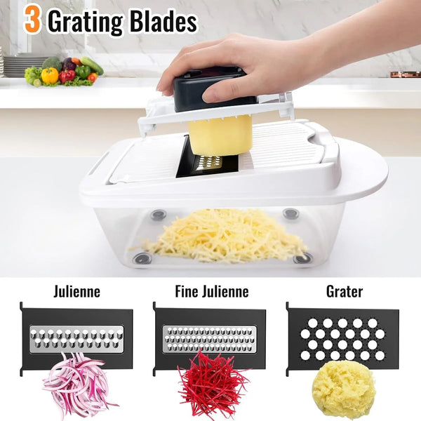 12-Blade Cook Tool & Gadget Sets, Chopper Slicer Grater Set, White | Vegetable Chopper Mandoline Slicer Food Grater with Container for Onion, Veggie Salad6