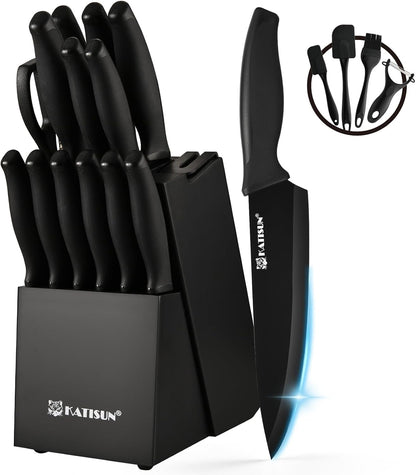 19-Piece Stainless Steel Kitchen Knife Set, Built-In Knife Sharpener, Dishwasher Safe, Ergonomic Non-Slip Handles, 6 Steak Knives, Black1