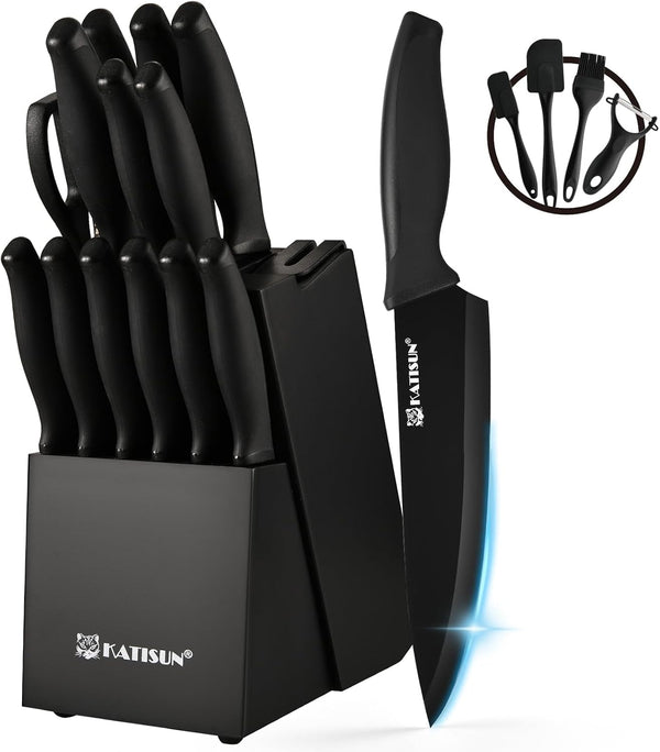 19-Piece Stainless Steel Kitchen Knife Set, Built-In Knife Sharpener, Dishwasher Safe, Ergonomic Non-Slip Handles, 6 Steak Knives, Black1