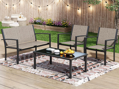 4 Pieces Patio Furniture Set, Outdoor Conversation Sets for Patio, Lawn, Garden, Poolside with a Glass Coffee Table, Brown1