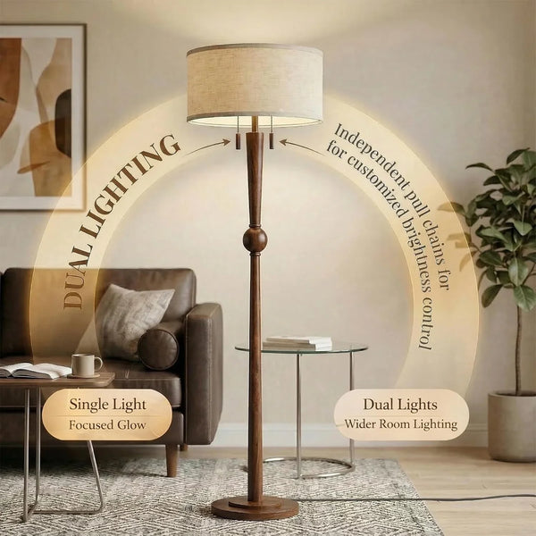 Solid Wood Floor Lamp for Living Room with Wooden Pull Chains | 62.8" Tall,Sculptural Wood Base & Stem,17" Linen Drum Shade,2-Light Standing Lamp for Bedroom & Reading Corner,Bulbs Included5