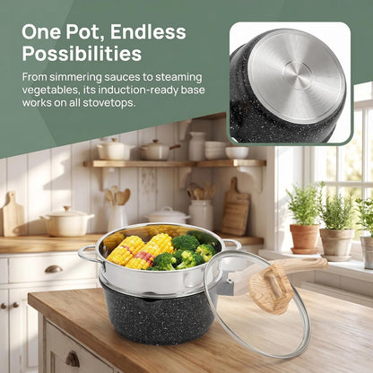2 Quart Nonstick Saucepan with Lid & Steamer Basket, Small Nonstick Saucepan Cooking Steamer Pot with Pour Spout, Induction Safe, Non Toxic Granite Coating5