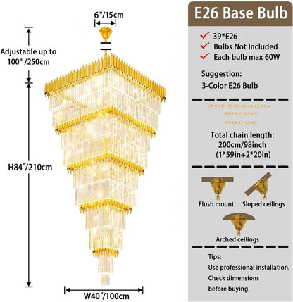 W40 X H120 Large Gold Chandeliers for High Ceiling, 39-Light Square Tiered K9 Crystal Raindrop Chandelier, Adjustable Height Luxury Pendant Light for Staircase, Villa Foyer, Entryway2