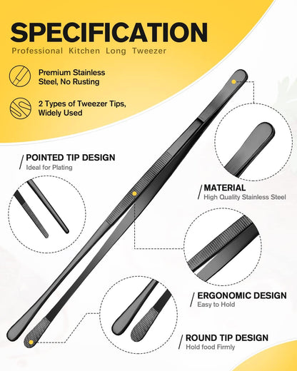4 Pcs Fine Long Tweezer Tongs Professional Black, 12'' and 10'' Stainless Steel for Kitchen, Food, Cooking, Repairing, Sea Food and BBQ2