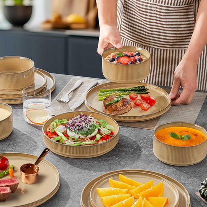 16 Piece Dinnerware Sets with Double Bowls, Ceramic Plates and Bowls Set for 4, Ribbed Stoneware Dishes, Microwave and Dishwasher Safe, Dune Khaki4