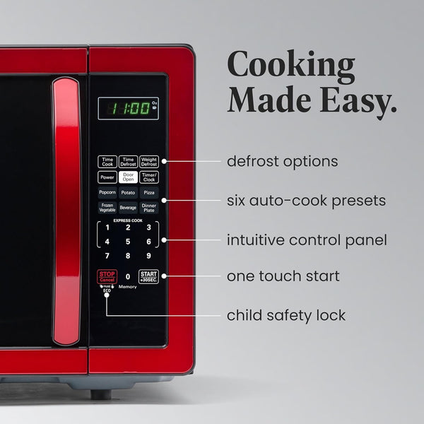 1.1 Cu. Ft. Countertop Microwave Oven – 1000 Watts Power, Auto Cook Settings, Defrost, Easy Clean and Child Safety Lock - Metallic Red3