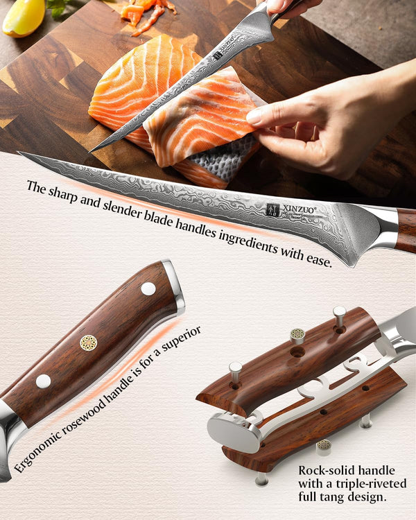 7 Inch Fillet Knife, Damascus Steel with 10Cr15Mov Core, Razor Sharp Boning Knife for Fish, Meat & Seafood, Rosewood Handle4