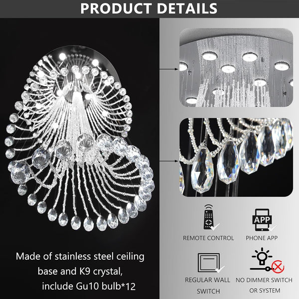 D32'' X H100'' Modern Crystal Chandelier for Foyer Glam Chandelier High Ceiling Chandeliers Large Raindrop Pendant Lights LED Dimmable Light Fixtures for Staircaes Living Room Entryway Silver4