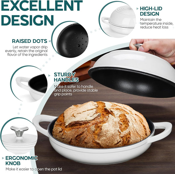 Dutch Oven for Sourdough Bread Baking, 6 Qt round Enameled Cast Iron Dutch Oven for Homemade Artisan Bread, Dome Lid & Shallow Base, Matte Black Interior & Durable, Oven-Safe to 500℉, White3