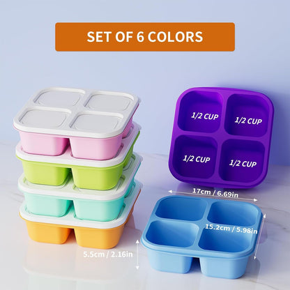6 Pcs Bento Snack Containers, Reusable 4 Compartment Food Storage Container with Lids, Divided Lunchable Container, Freezer, Microwave & Dishwasher Safe (6 Color)2