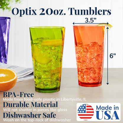 Optix Plastic Reusable Drinking Glasses (Set of 8) 20Oz Water Cups in Jewel Tone Colors | Bpa-Free Tumblers, Made in USA | Top-Rack Dishwasher Safe2