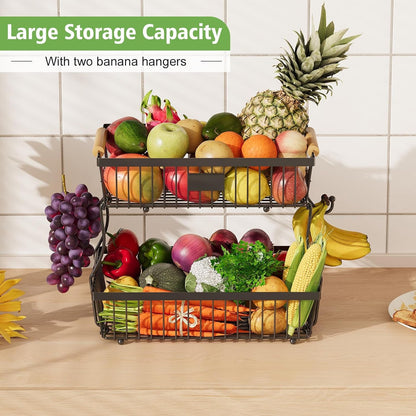 2 Tier Fruit Basket for Kitchen Counter with 2 Banana Hangers, Countertop Metal Bread Basket with Wooden Handle, Large Storage Stand for Vegetables, Snacks, Eggs, Produce Storage – Black2