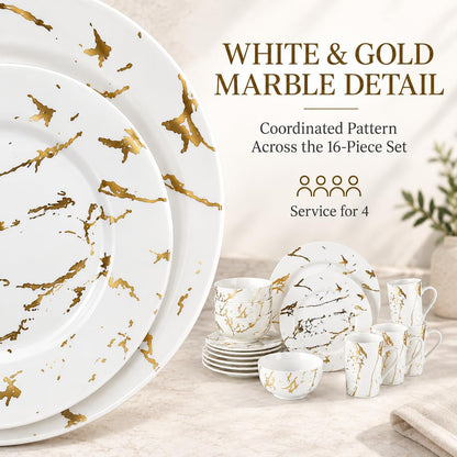 White Dinnerware Set for 4, 16-Piece Porcelain, Gold Marble2
