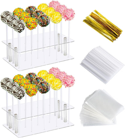 2Pack Cake Pop Stand with Sticks Kit, 15 Holes Acrylic Cake Pops Holder | Clear Lollipop Hold Display for Wedding, Birthday, Party with 100PCS Sticks, 100PCS Clear Wrappers, 100PCS Gold Twist Ties1
