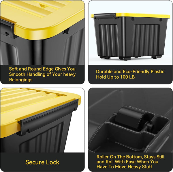 72 Quart Plastic Storage Bin, Stackable and Nestable Storage Boxes with Yellow Lids and Secure Latching Buckles, Large Storage Container (Black/Yellow, 72Quart-4Pack)9