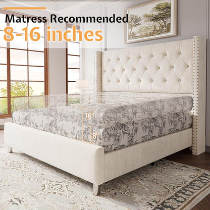 Queen Velvet Bed Frame with 49.2" Tall Wingback Headboard, Cream7