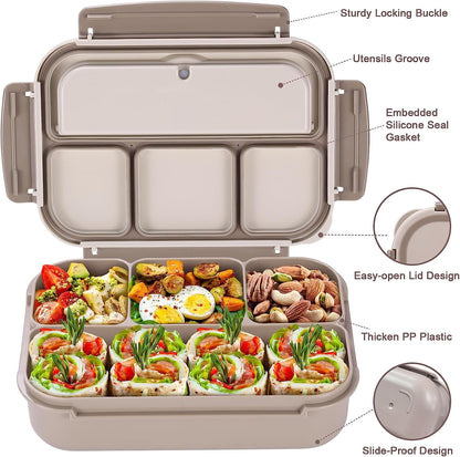 Bento Box Adult Lunch Box, Containers for Adults Men Women with 4 Compartments, Lunchable Food Container with Utensils, Sauce Jar, Muffin Liners, 40 Oz/5 Cup, Microwave & Dishwasher Safe, Brown3