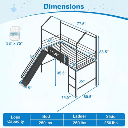 Twin Size House Loft Bed, Low Loft Bedframe W/Roof, Slide, Ladder, Chalkboard & Sturdy Metal Slats for Bedroom Dorm, Kids House Bed for Boys Girls, No Box Spring Needed (Black)2