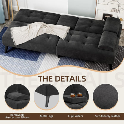 64" Futon Sofa Bed, Velvet Foldable Couch, Upholstered Loveseat Sofa Couch with Folding Cup Holders, Reclining Sleeper with Removable Armrests for Home, Office, Black6