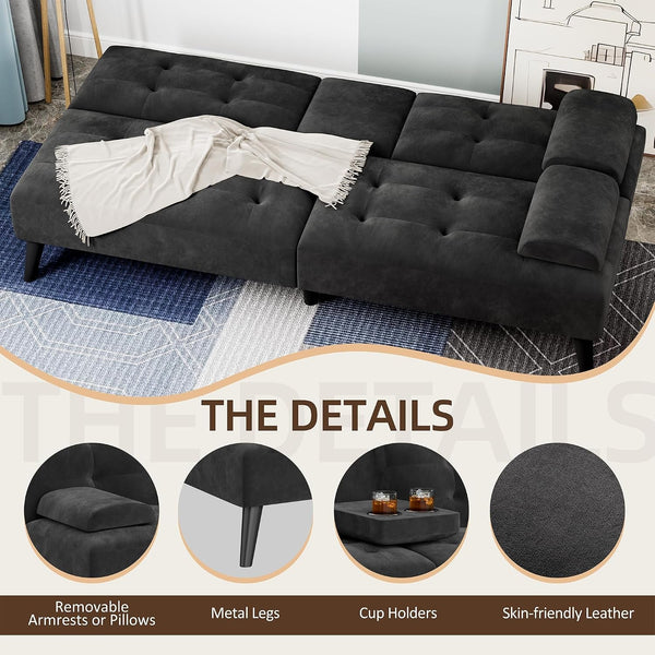 64" Futon Sofa Bed, Velvet Foldable Couch, Upholstered Loveseat Sofa Couch with Folding Cup Holders, Reclining Sleeper with Removable Armrests for Home, Office, Black6