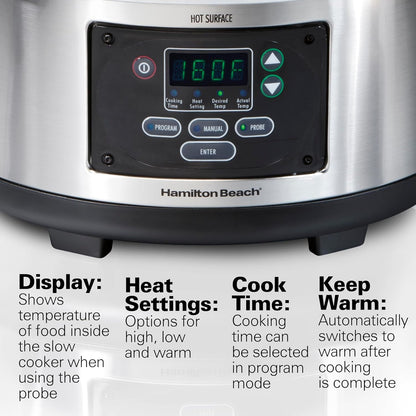 Portable 6 Quart Set & Forget Programmable Slow Cooker | Temperature Probe | Lid Lock for Easy Travel | Dishwasher Safe Crock & Glass Lid | Stainless Steel | 33969AG2