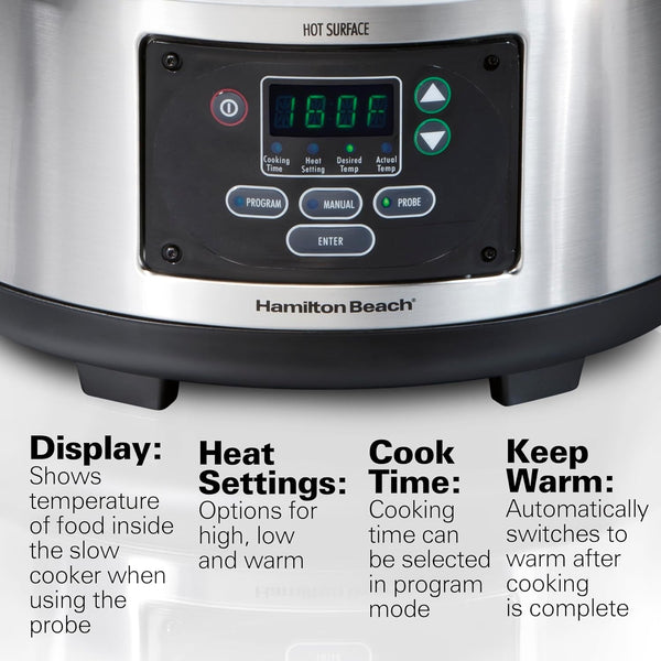 Portable 6 Quart Set & Forget Programmable Slow Cooker | Temperature Probe | Lid Lock for Easy Travel | Dishwasher Safe Crock & Glass Lid | Stainless Steel | 33969AG2