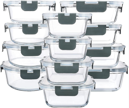 24 Piece Glass Food Storage Containers with Lids,Gray1