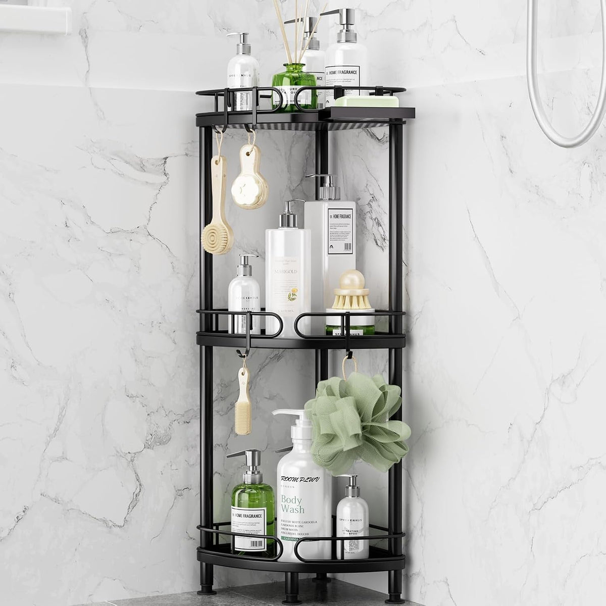 corner-shower-caddy-standing-3-tier-rustproof-metal-shower-organizer-stand-with-soap-holder-and-4-hooks-freestanding-floor-shower-storage-stands-for-bathroom-black